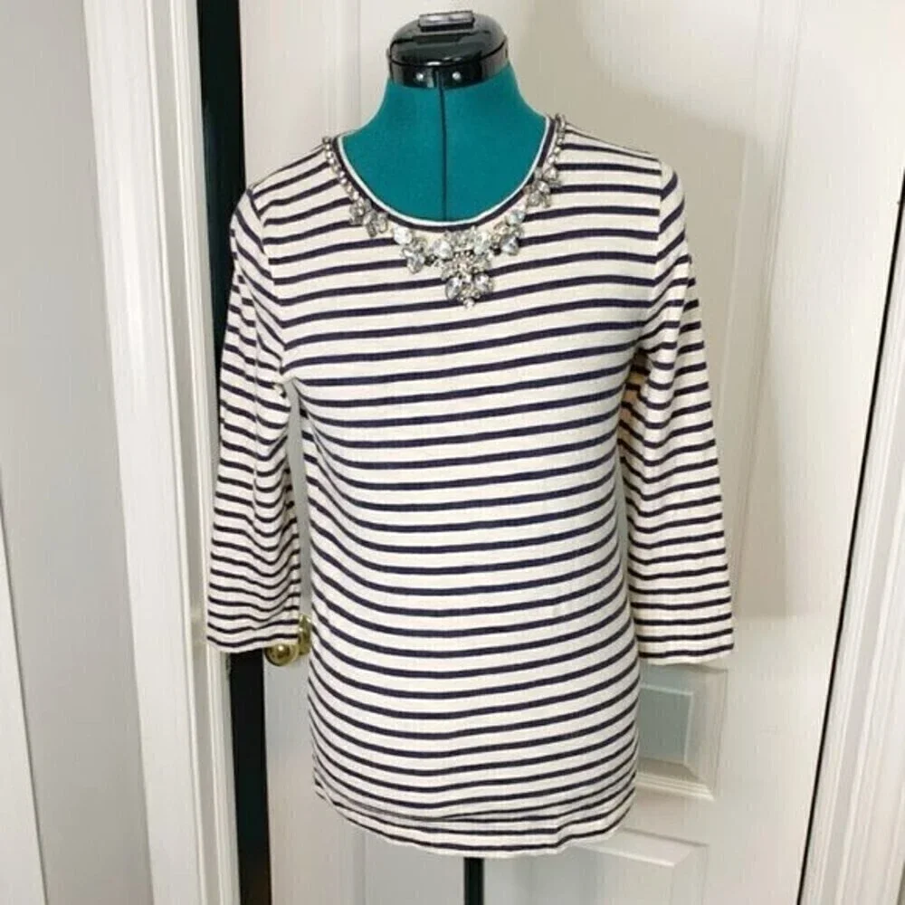 J. Crew Nautical Stripe Rhinestone Crew Neck 3/4 Sleeve Casual Top